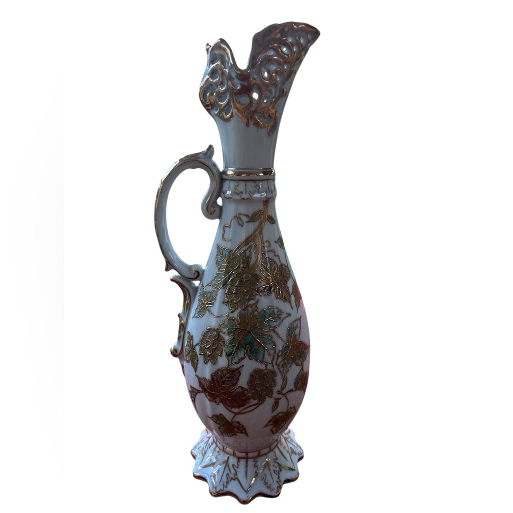 Antique Handled Porcelain Ewer Vase – Gold Gilt & Rim, Grapevine Design